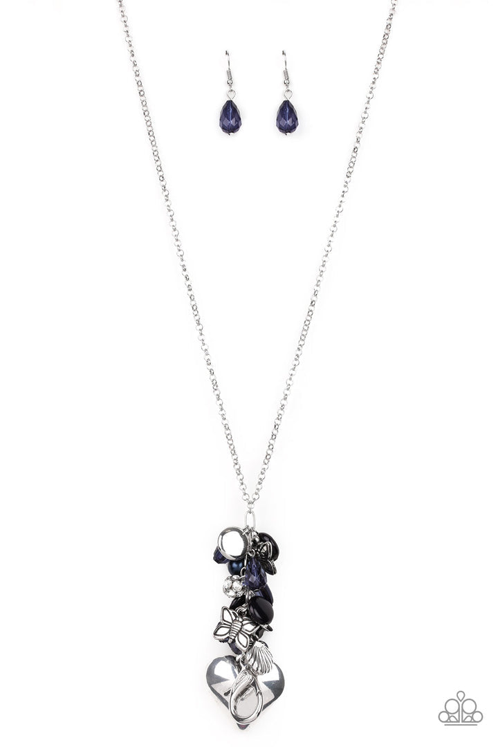 BEACH BUZZ- BLUE EVENING BLUE BEAD SILVER HEART CHARM LANYARD NECKLACE & EARRINGS SET